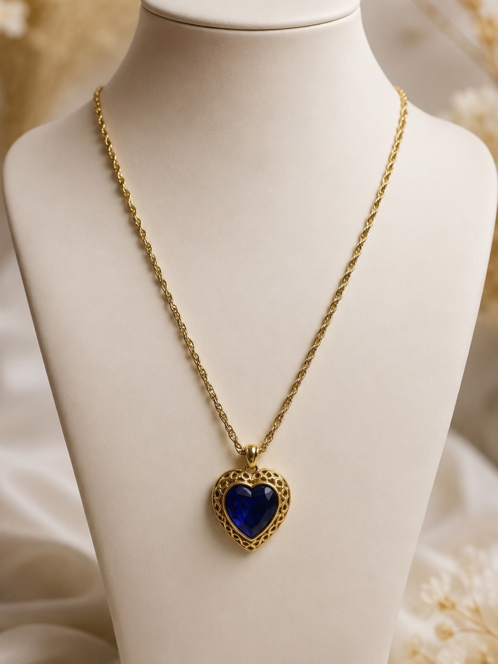 Vintage Blue Heart Pendant Necklace Gold-Tone Filigree Design Gift Box